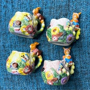 Vintage Merc Asia 1999 Garden Party Ceramic Tea Cups Bunny Rabbit Floral Set 4